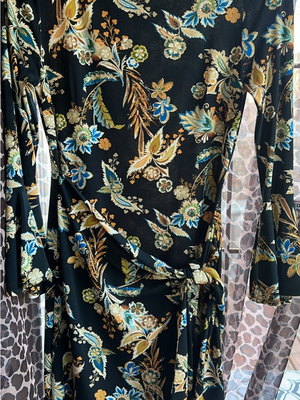 ECI New York Black Floral Wrap Dress with Blue & Gold Accents